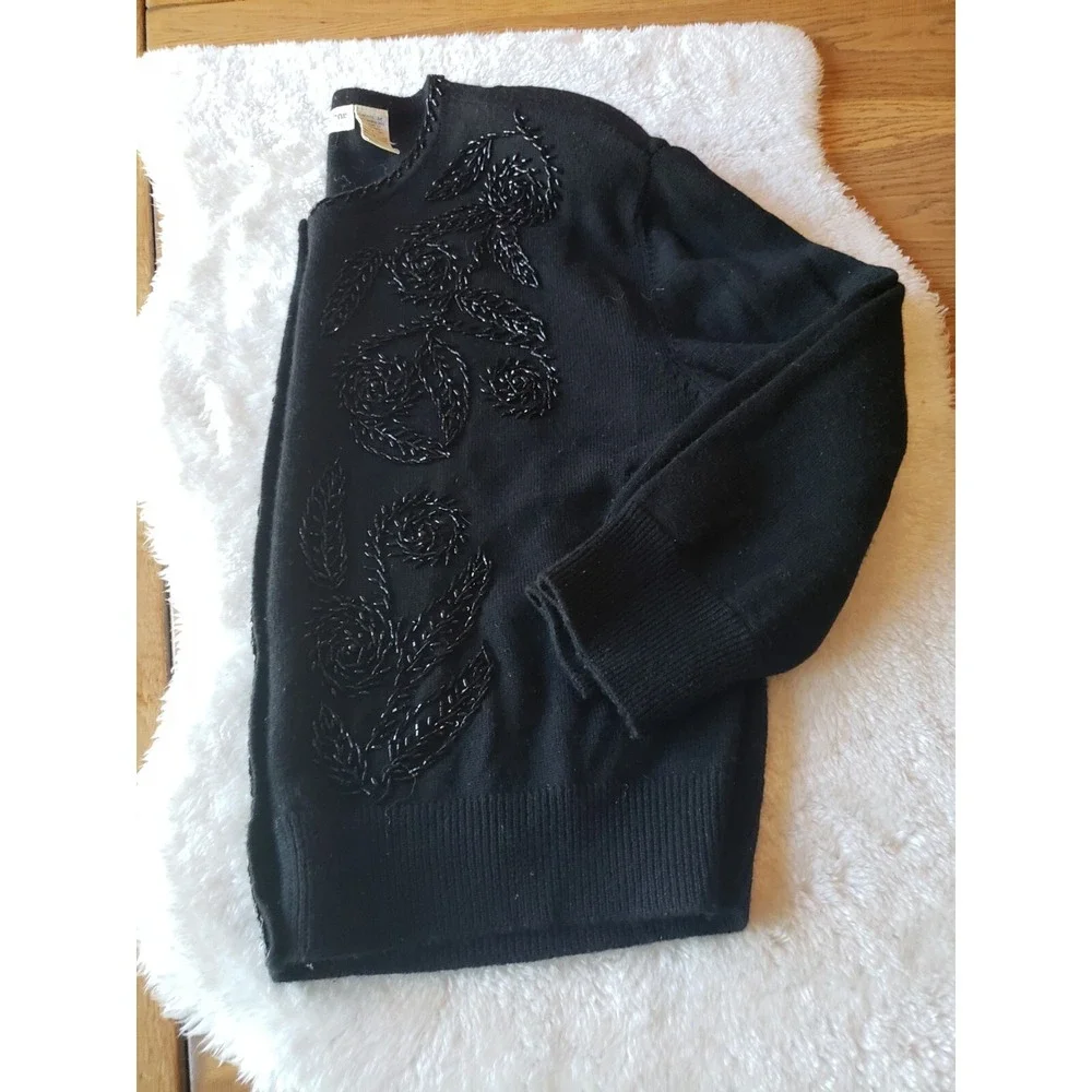 Vintage Liz Claiborne Petite M Merino wool Cardigan Beaded Sweater Shoulder Pads